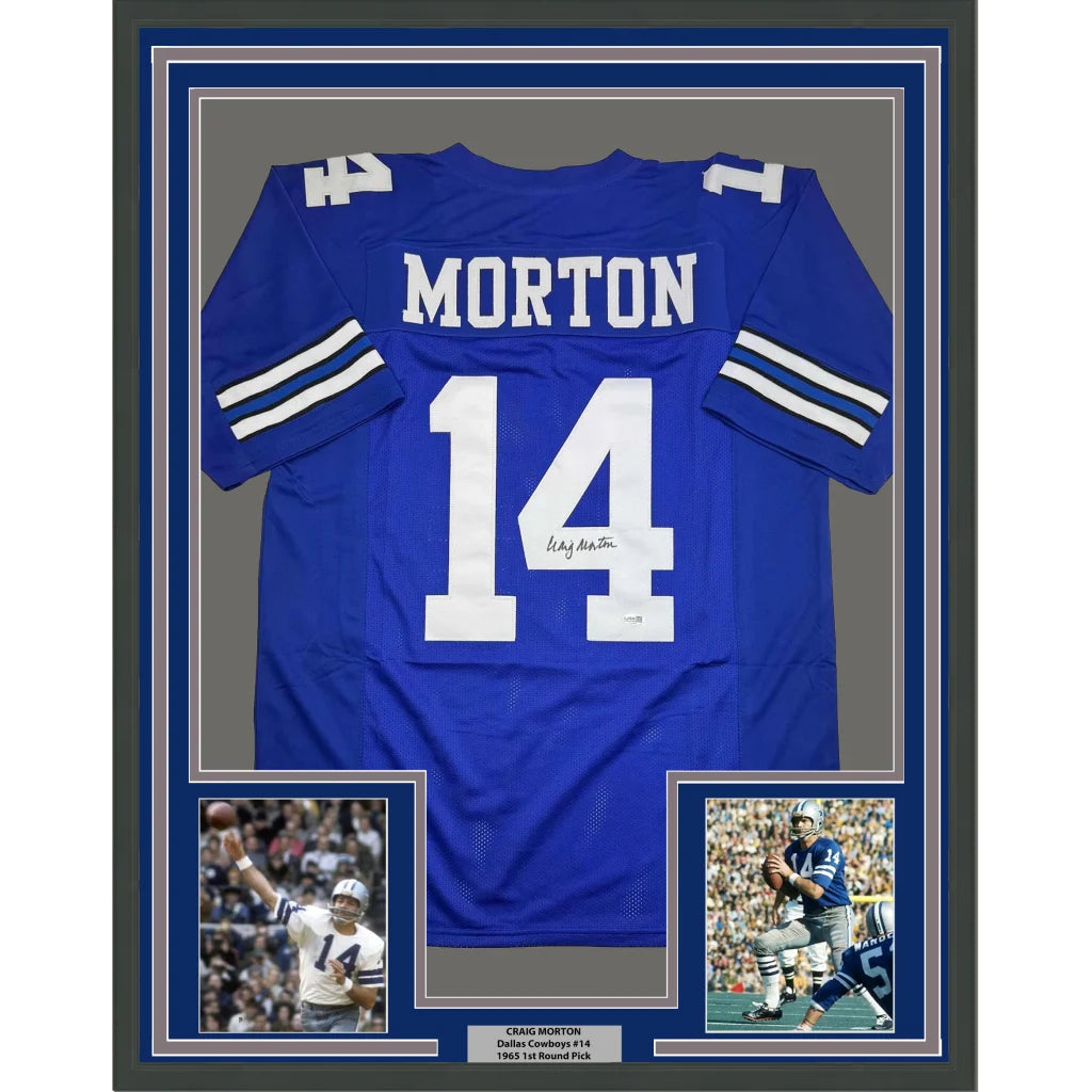 Framed Autographed Craig Morton 35x39 Dallas Blue Football Jersey JSA COA | Hall of Fame Sports Memorabilia | vintageantiquesgifts.com