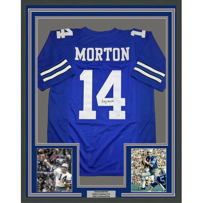 Framed Autographed Craig Morton 35x39 Dallas Blue Football Jersey JSA COA | Hall of Fame Sports Memorabilia | vintageantiquesgifts.com