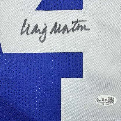 Framed Autographed Craig Morton 35x39 Dallas Blue Football Jersey JSA COA | Certified Authentic Signed Memorabilia | vintageantiquesgifts.com