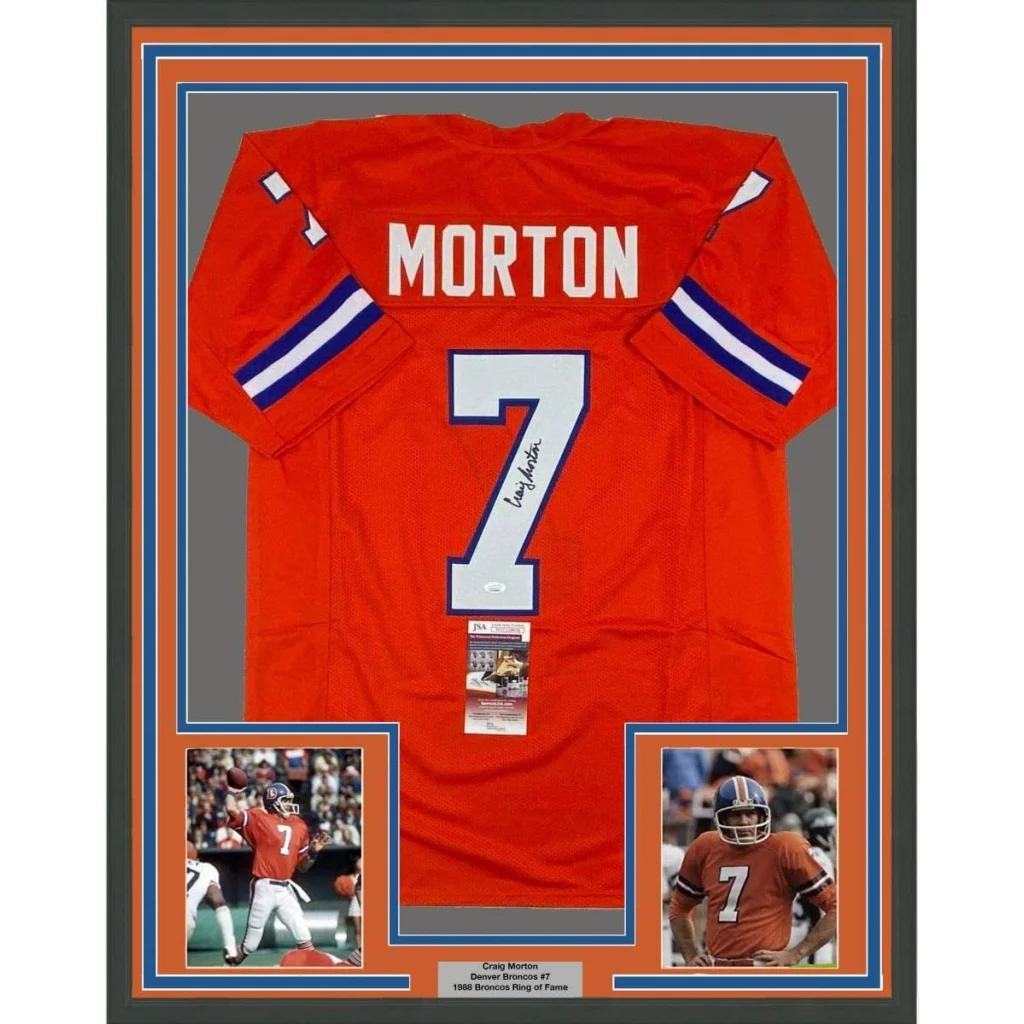 Framed Craig Morton Signed Denver Broncos Jersey with Player Photos and Plaque