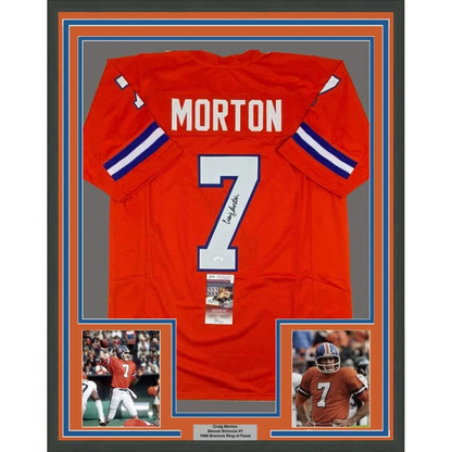 Framed Craig Morton Signed Denver Broncos Jersey with Player Photos and Plaque