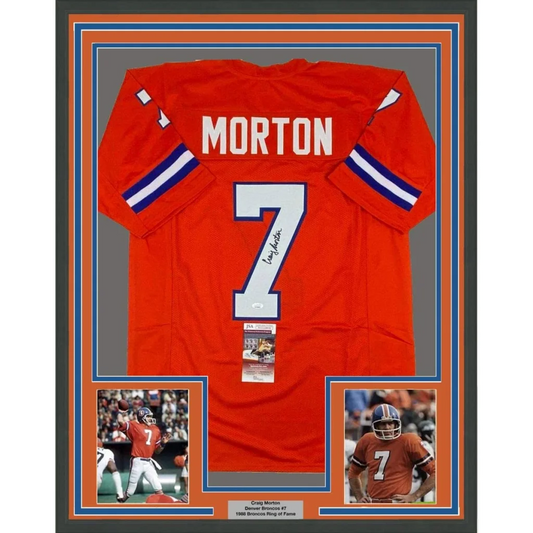 Framed Craig Morton Signed Denver Broncos Jersey with Player Photos and Plaque