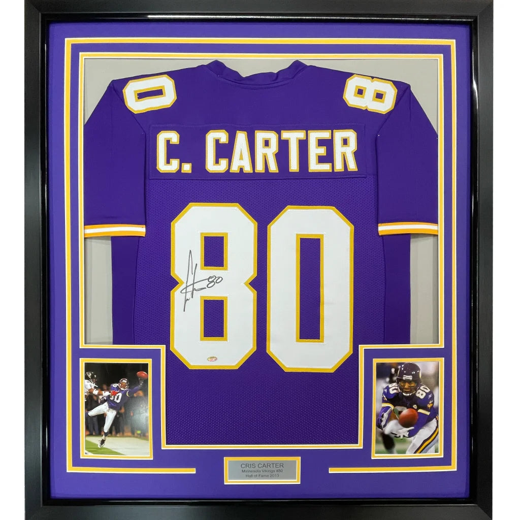 Cris Carter signed Minnesota Purple jersey in gold frame for man cave
