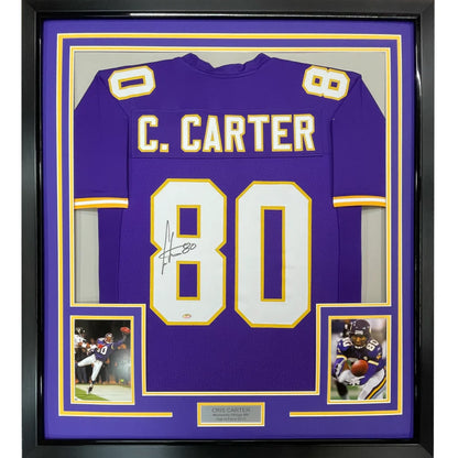 Cris Carter signed Minnesota Purple jersey in gold frame for man cave