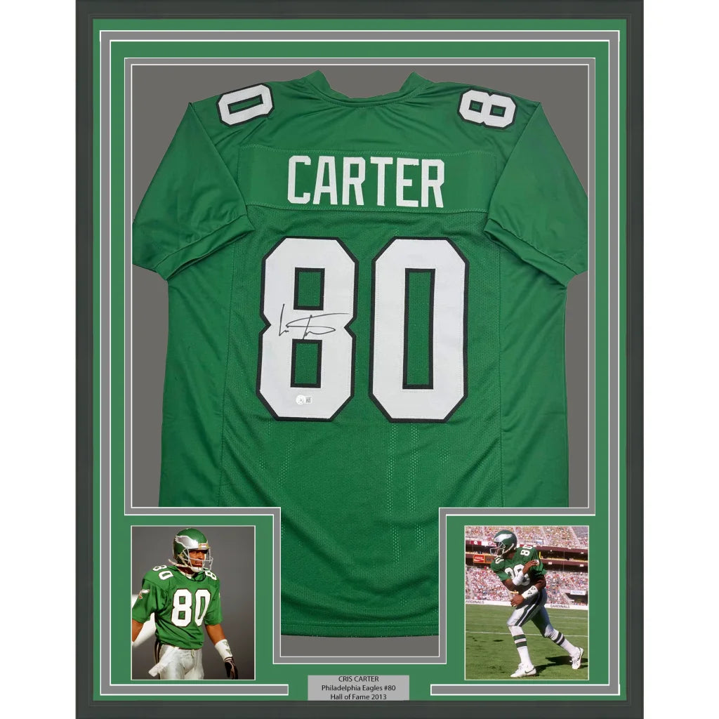 Framed Autographed Cris Carter 35x39 Philadelphia Kelly Green Football Jersey Beckett BAS COA | Hall of Fame Sports Memorabilia | vintageantiquesgifts.com