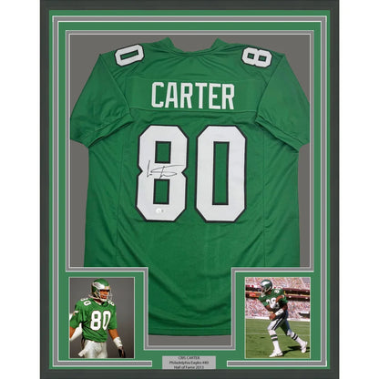 Framed Autographed Cris Carter 35x39 Philadelphia Kelly Green Football Jersey Beckett BAS COA | Hall of Fame Sports Memorabilia | vintageantiquesgifts.com