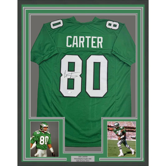 Framed Autographed Cris Carter 35x39 Philadelphia Kelly Green Football Jersey Beckett BAS COA | Hall of Fame Sports Memorabilia | vintageantiquesgifts.com