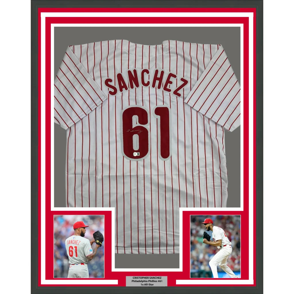 Framed Autographed Cristopher Sanchez 35x39 Philadelphia Pinstripe Baseball Jersey Beckett BAS COA | Hall of Fame Sports Memorabilia | vintageantiquesgifts.com