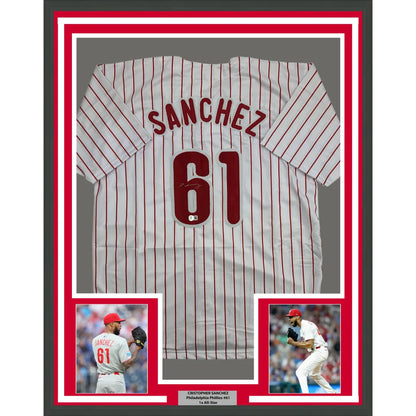 Framed Autographed Cristopher Sanchez 35x39 Philadelphia Pinstripe Baseball Jersey Beckett BAS COA | Hall of Fame Sports Memorabilia | vintageantiquesgifts.com