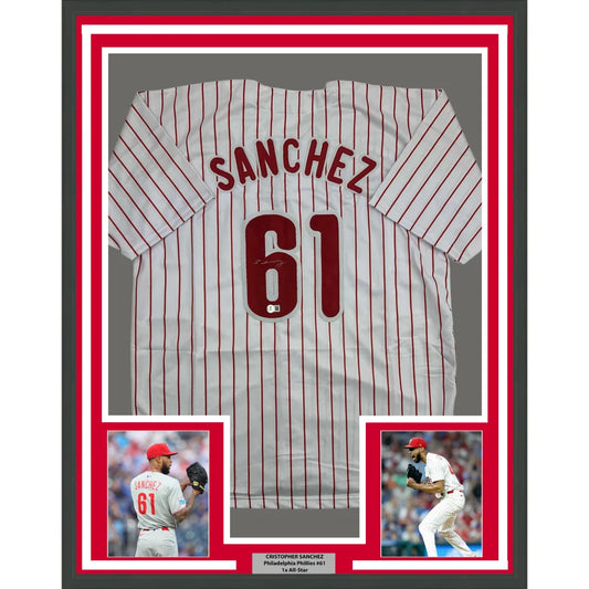 Framed Autographed Cristopher Sanchez 35x39 Philadelphia Pinstripe Baseball Jersey Beckett BAS COA | Hall of Fame Sports Memorabilia | vintageantiquesgifts.com