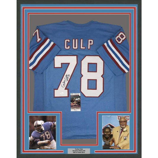 Back side of a blue Houston Oilers framed autographed Curley Culp jersey with white and red trim number 78