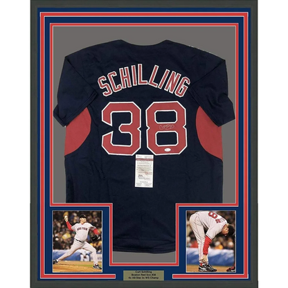 Framed Curt Schilling Boston Red Sox jersey with autograph and photos in display case