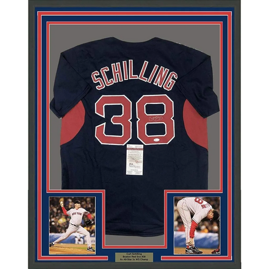 Framed Curt Schilling Boston Red Sox jersey with autograph and photos in display case