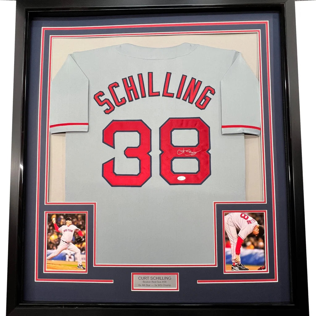 Framed autographed Curt Schilling gray Boston jersey back with Schilling 38 JSA COA
