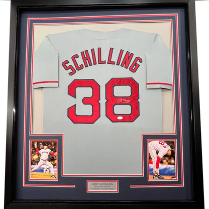 Framed autographed Curt Schilling gray Boston jersey back with Schilling 38 JSA COA