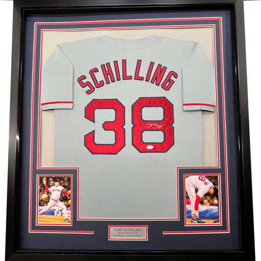 Framed autographed Curt Schilling gray Boston jersey back with Schilling 38 JSA COA