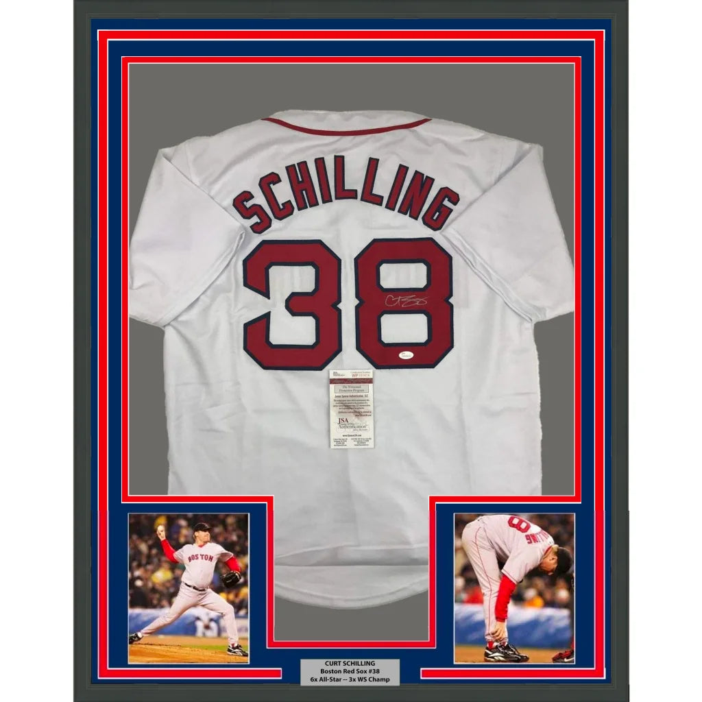 Framed autographed Curt Schilling white Red Sox jersey number 38 JSA COA