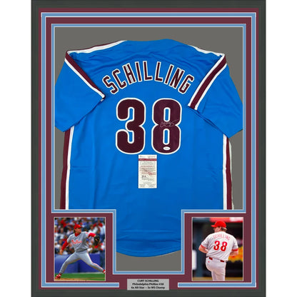 Framed Curt Schilling retro blue Phillies jersey with autographs and player photos for man cave
