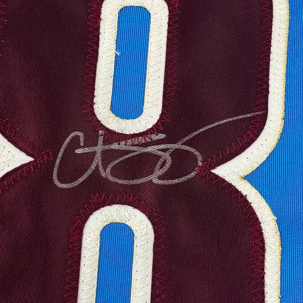 Framed autographed Curt Schilling Philadelphia Phillies retro blue jersey with maroon and blue number eight patch, white stitched trim, JSA COA