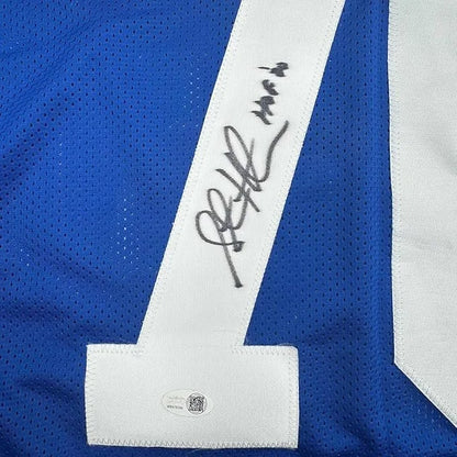 Framed autographed Curt Warner Seattle blue retro football jersey back with JSA sticker