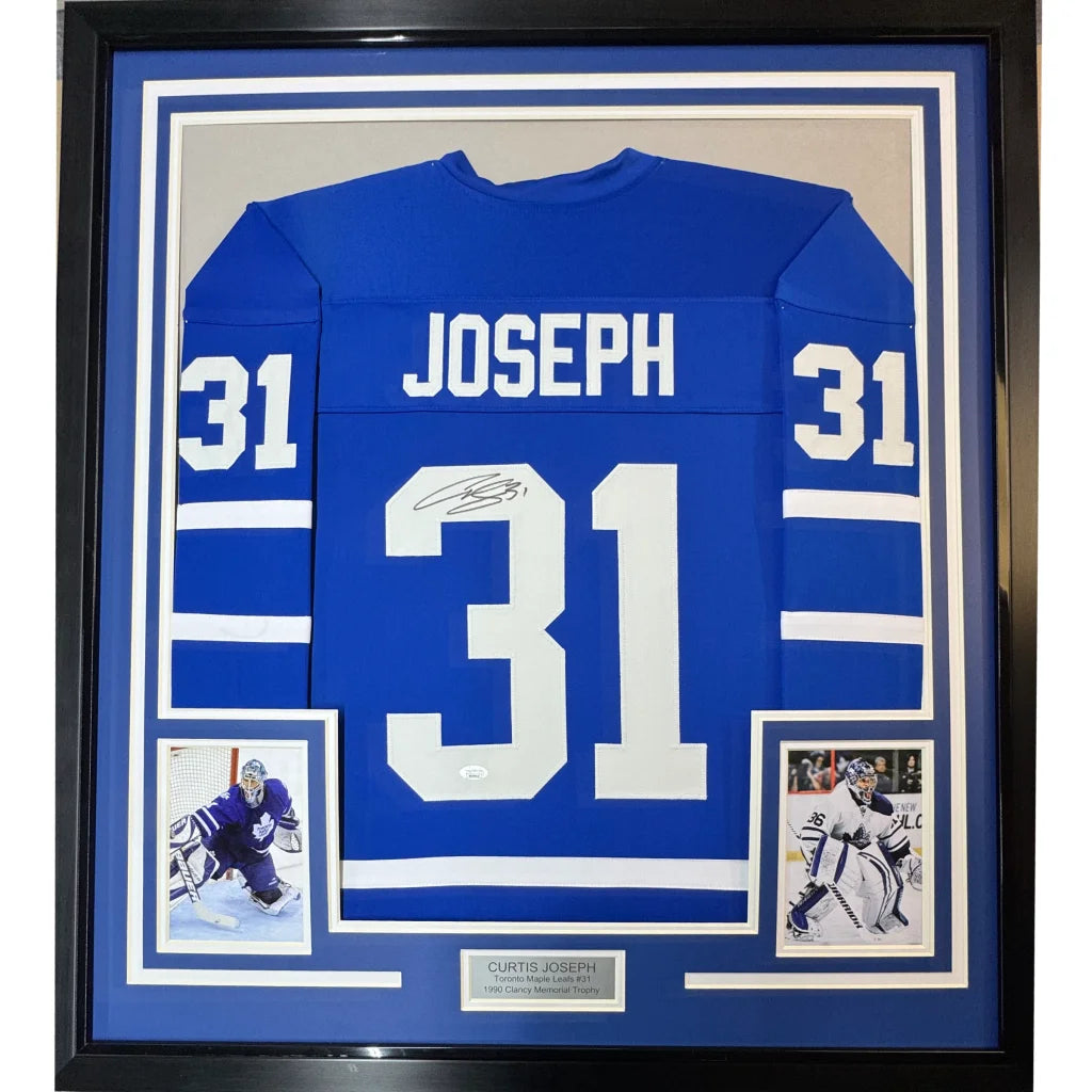 Framed Curtis Joseph signed jersey with player cards for man cave decor and JSA COA