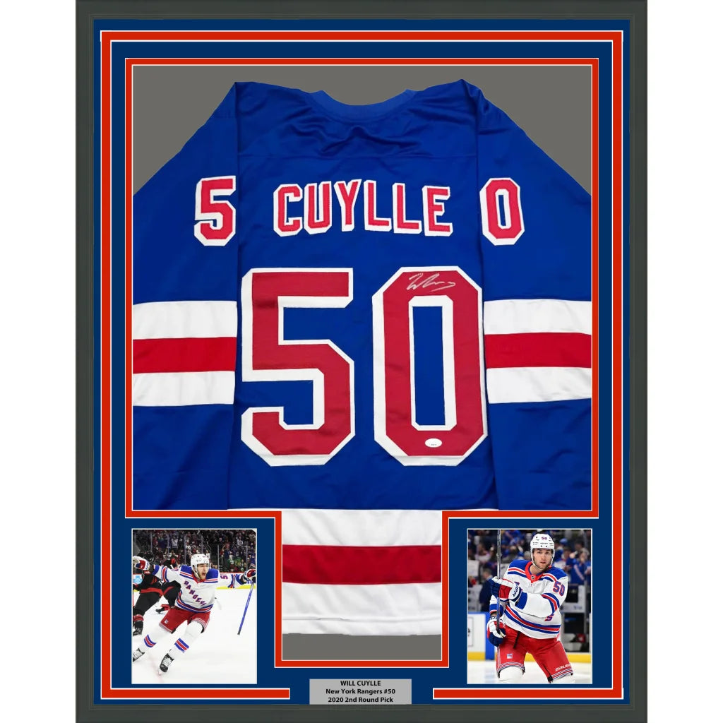 Framed autographed Will Cuylle New York Rangers blue jersey with number 50