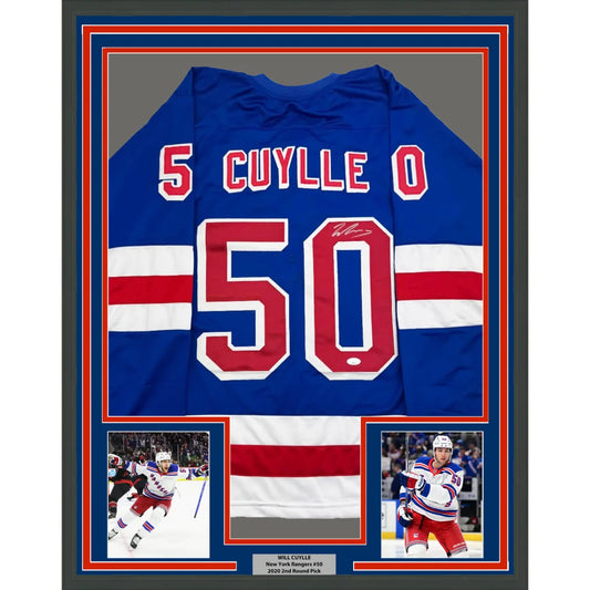 Framed autographed Will Cuylle New York Rangers blue jersey with number 50