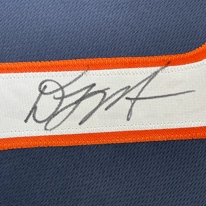 Autographed Chicago Bears Moore jersey with orange and white trim in a photos frame ready display