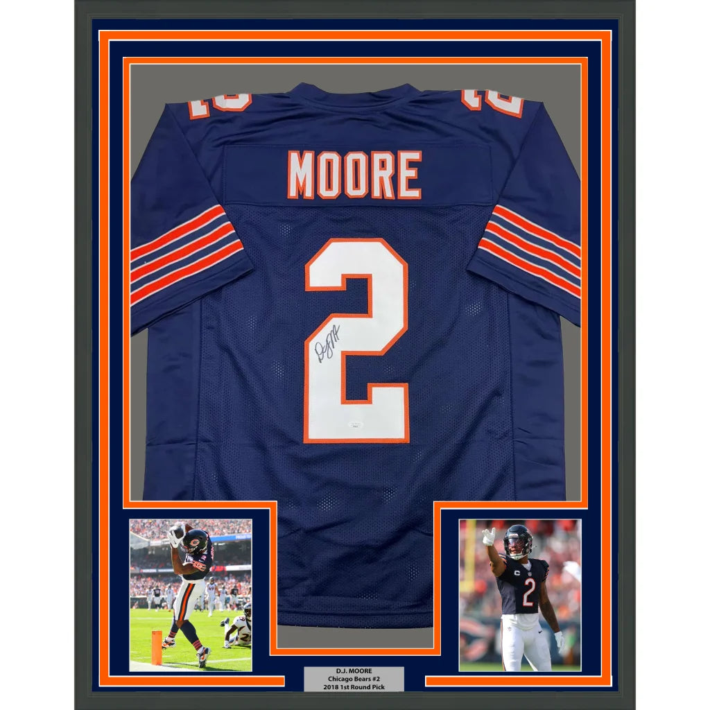 Framed Autographed D.J. DJ Moore 35x39 Chicago Retro Blue Football Jersey Beckett JSA COA | Hall of Fame Sports Memorabilia | vintageantiquesgifts.com