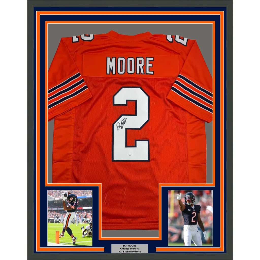 Framed Autographed D.J. DJ Moore 35x39 Chicago Retro Orange Football Jersey Beckett JSA COA | Hall of Fame Sports Memorabilia | vintageantiquesgifts.com