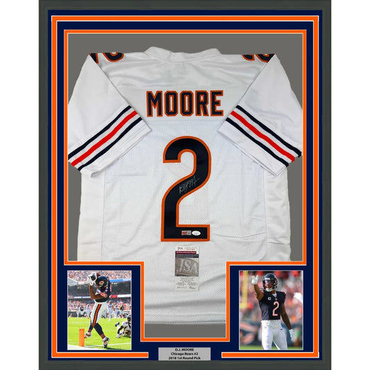 Framed Chicago Bears D.J. Moore signed white jersey with two player photos ready to display