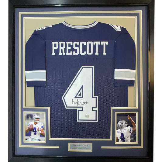 Framed Dak Prescott autographed Cowboys jersey with photos and nameplate display