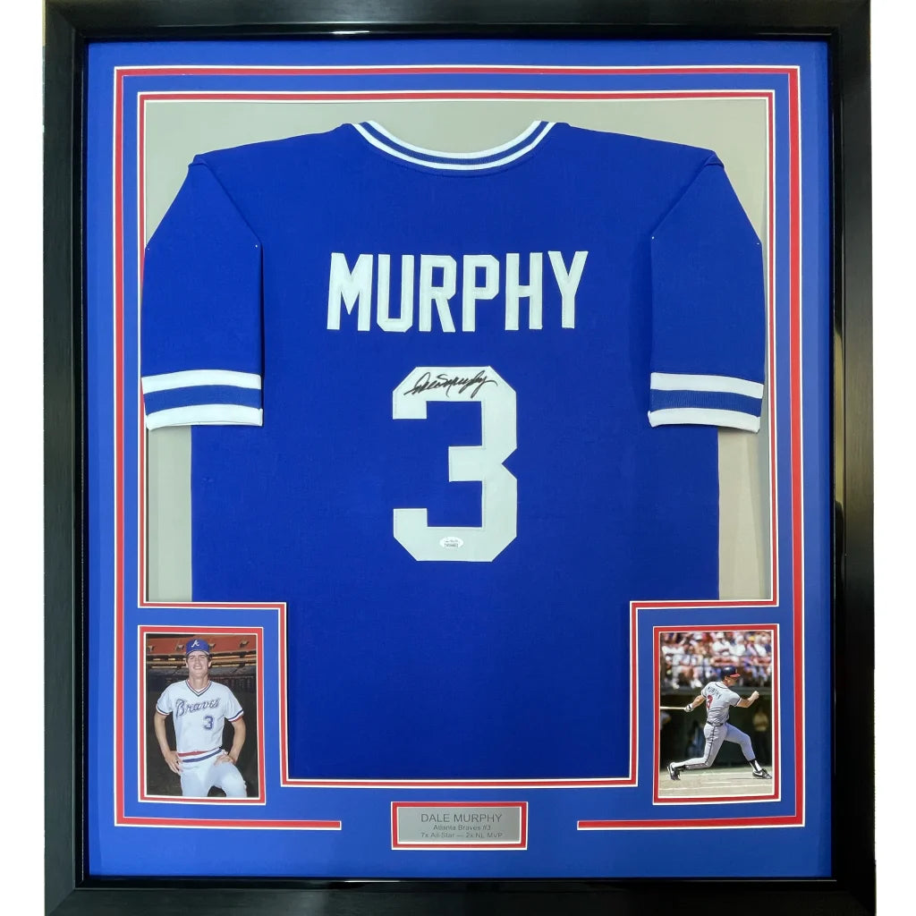 Framed autographed Dale Murphy Atlanta blue baseball jersey back with number 3 JSA COA