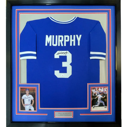 Framed autographed Dale Murphy Atlanta blue baseball jersey back with number 3 JSA COA