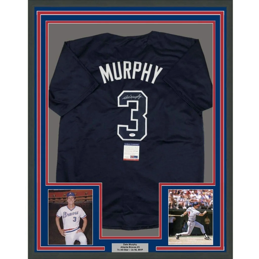 Framed Autographed Dale Murphy 35x39 Atlanta Dark Blue Baseball Jersey PSA/DNA COA | Hall of Fame Sports Memorabilia | vintageantiquesgifts.com