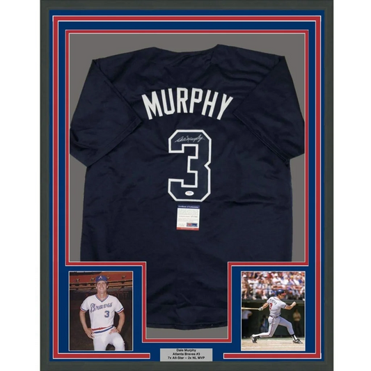 Framed Autographed Dale Murphy 35x39 Atlanta Dark Blue Baseball Jersey PSA/DNA COA | Hall of Fame Sports Memorabilia | vintageantiquesgifts.com