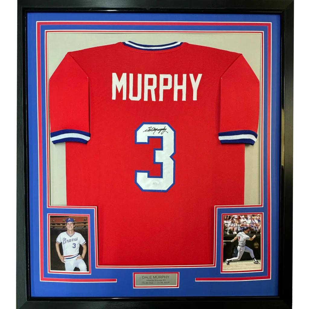 Framed autographed Dale Murphy Atlanta Braves red baseball jersey with number 3, JSA COA