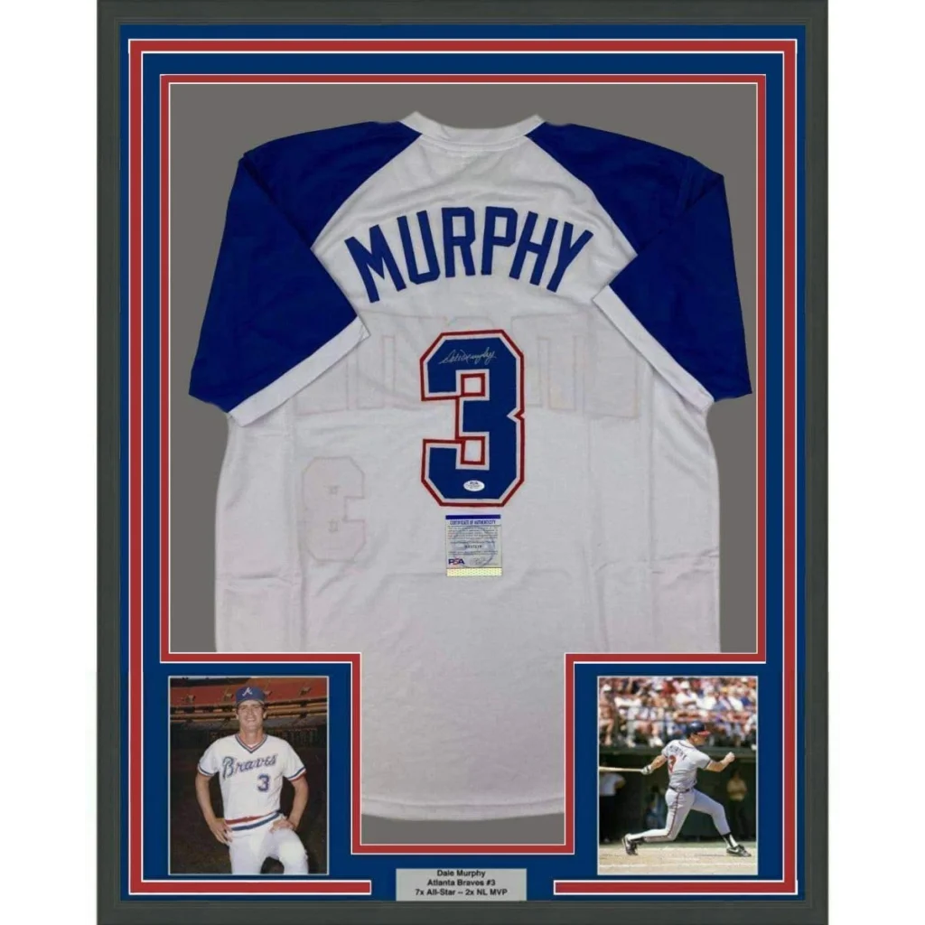 Framed autographed Dale Murphy white Atlanta Braves jersey with Murphy 3 back