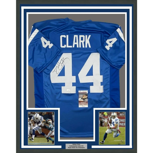 Framed autographed Indianapolis Colts #44 blue jersey signed by Dallas Clark, JSA COA