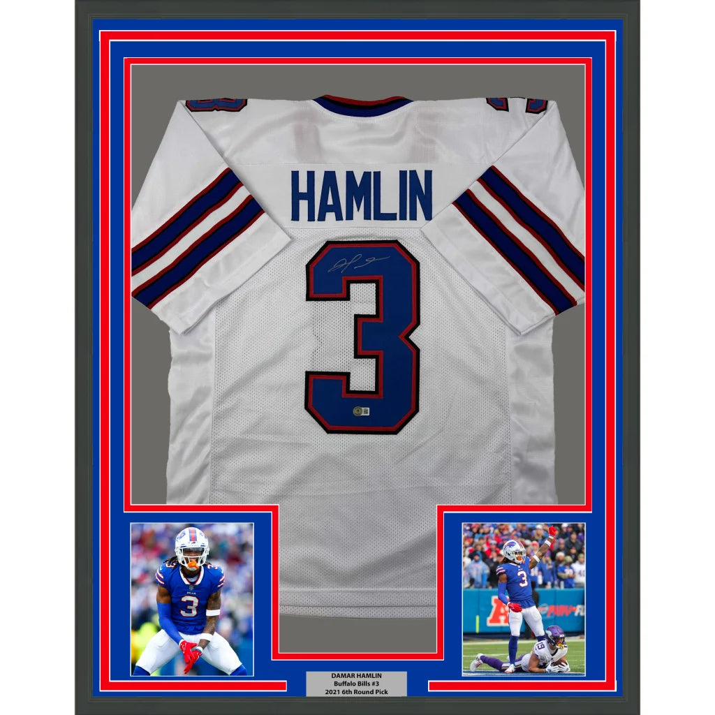 Framed autographed Damar Hamlin Buffalo Bills white jersey with number 3