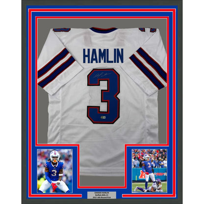 Framed autographed Damar Hamlin Buffalo Bills white jersey with number 3
