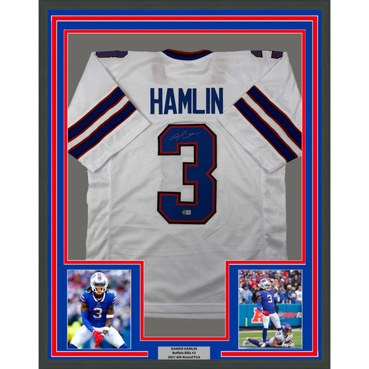Framed autographed Damar Hamlin Buffalo Bills white jersey with number 3