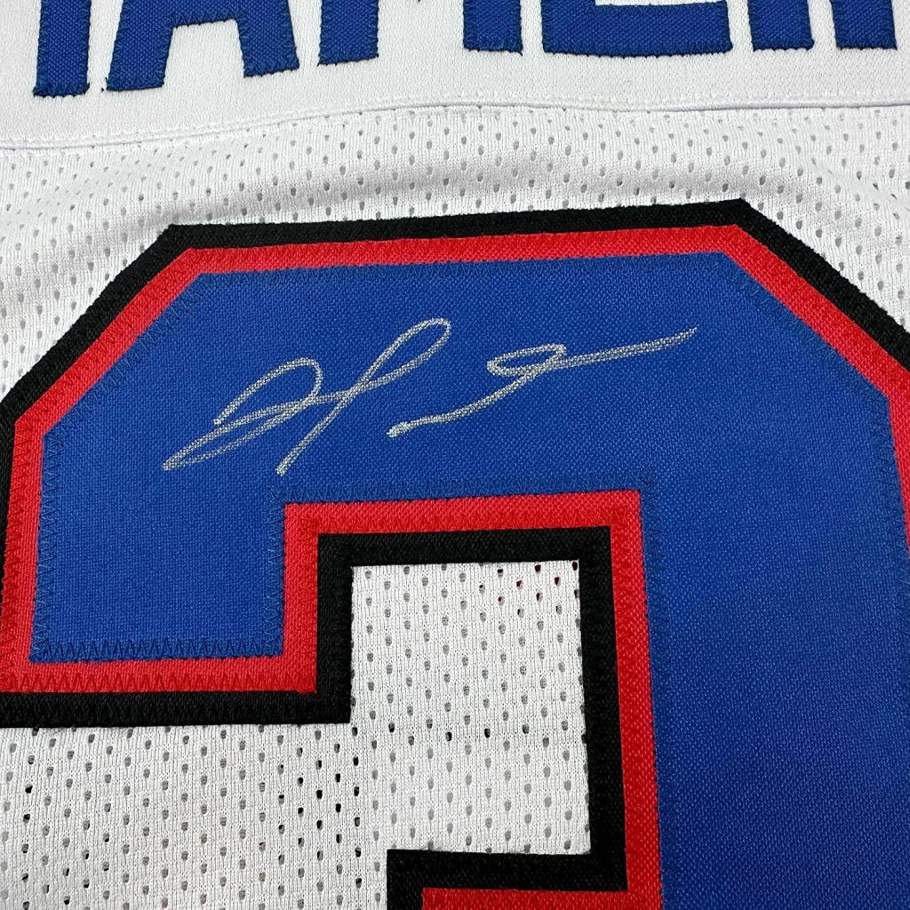 Framed autographed Damar Hamlin Buffalo white mesh football jersey with number 6, Beckett BAS COA
