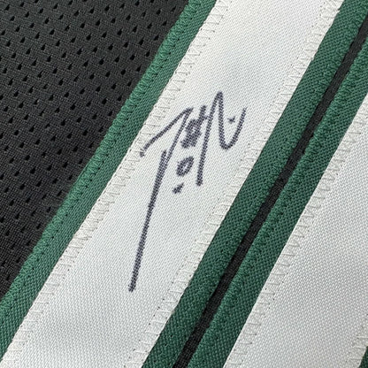 Dark green and white striped Milwaukee black basketball jersey with black autograph for man cave