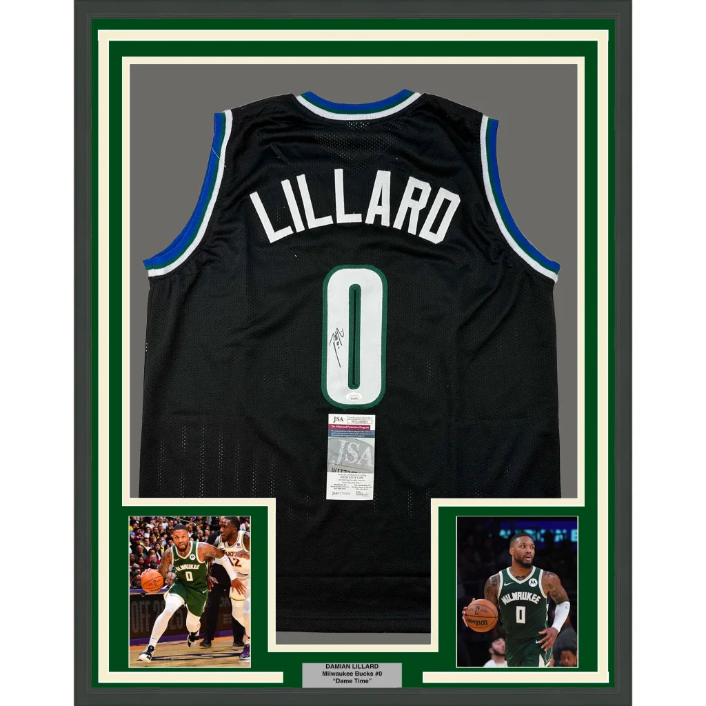 Framed Damian Lillard autographed Milwaukee Black Basketball jersey for your man cave display