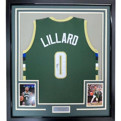 Autographed Damian Lillard Milwaukee Bucks jersey with photos in a frame and matte