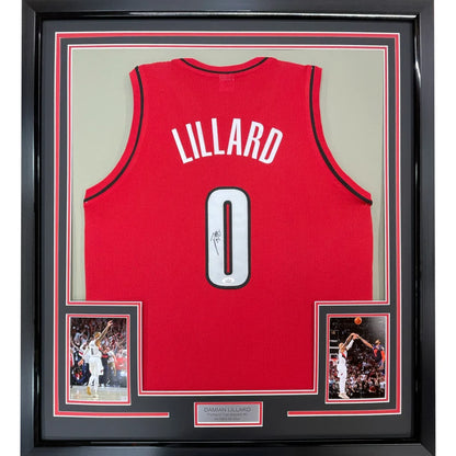 Framed red Basketball Jersey with player name, number, autograph, action photos, and nameplate