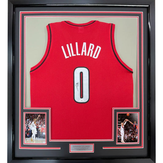 Framed red Basketball Jersey with player name, number, autograph, action photos, and nameplate