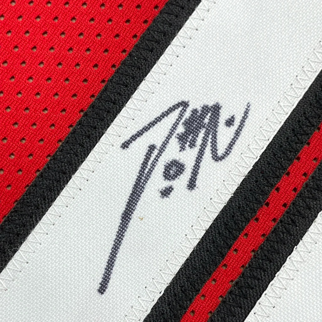 Red white and black sports jersey with signature from Championship Ready Framed Basketball Jersey