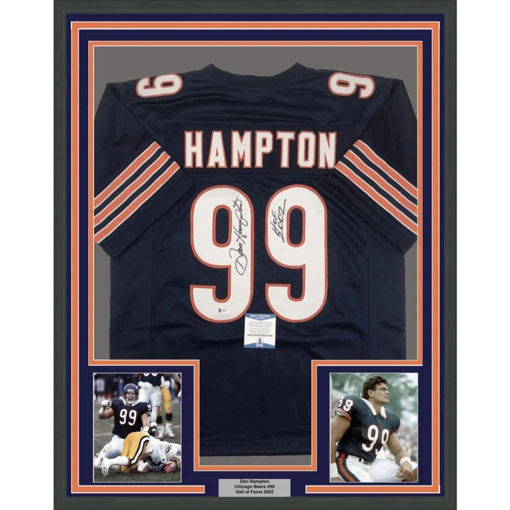 Framed signed Dan Hampton Chicago Bears navy blue jersey number 99